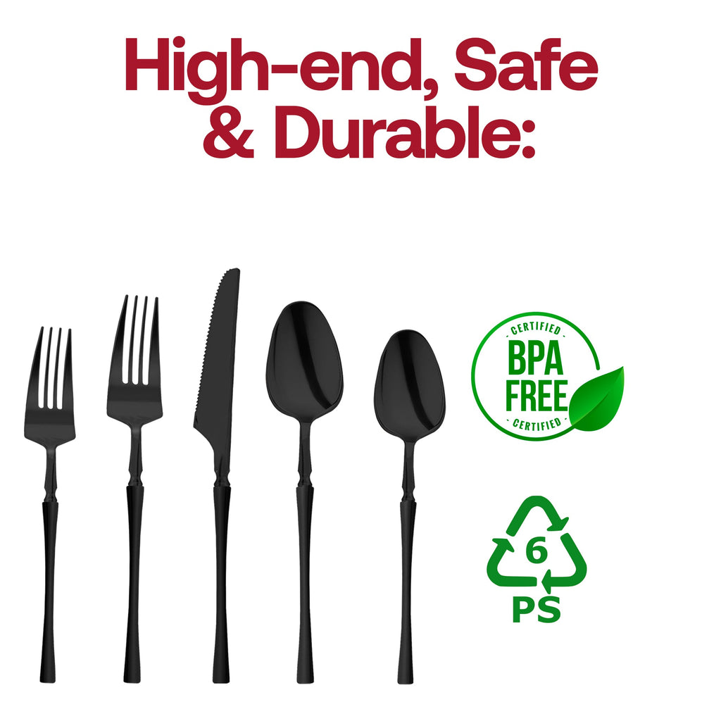 Solid Black Moderno Disposable Plastic Cutlery Set - 20 Spoons, 20 Forks, 20 Knives, 20 Dessert Spoons, and 20 Dessert Forks