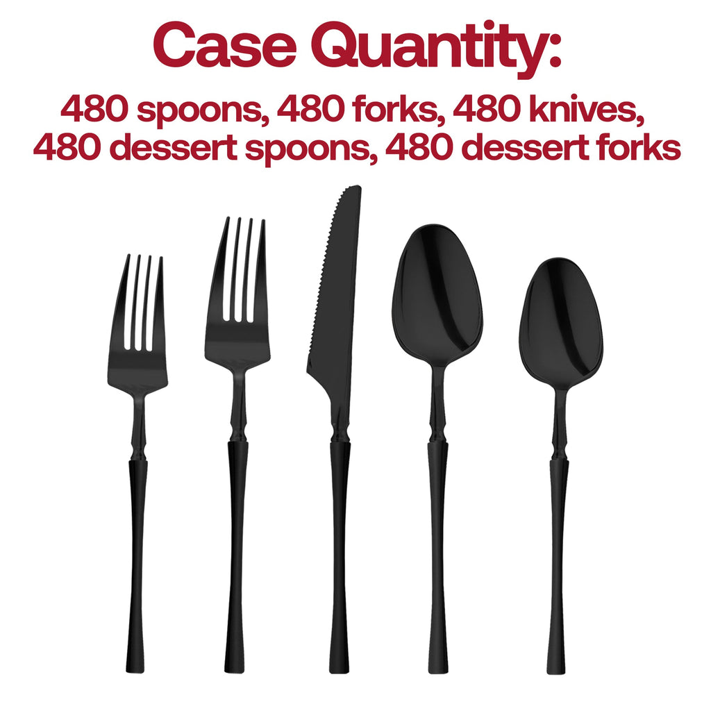Solid Black Moderno Disposable Plastic Cutlery Set - 20 Spoons, 20 Forks, 20 Knives, 20 Dessert Spoons, and 20 Dessert Forks