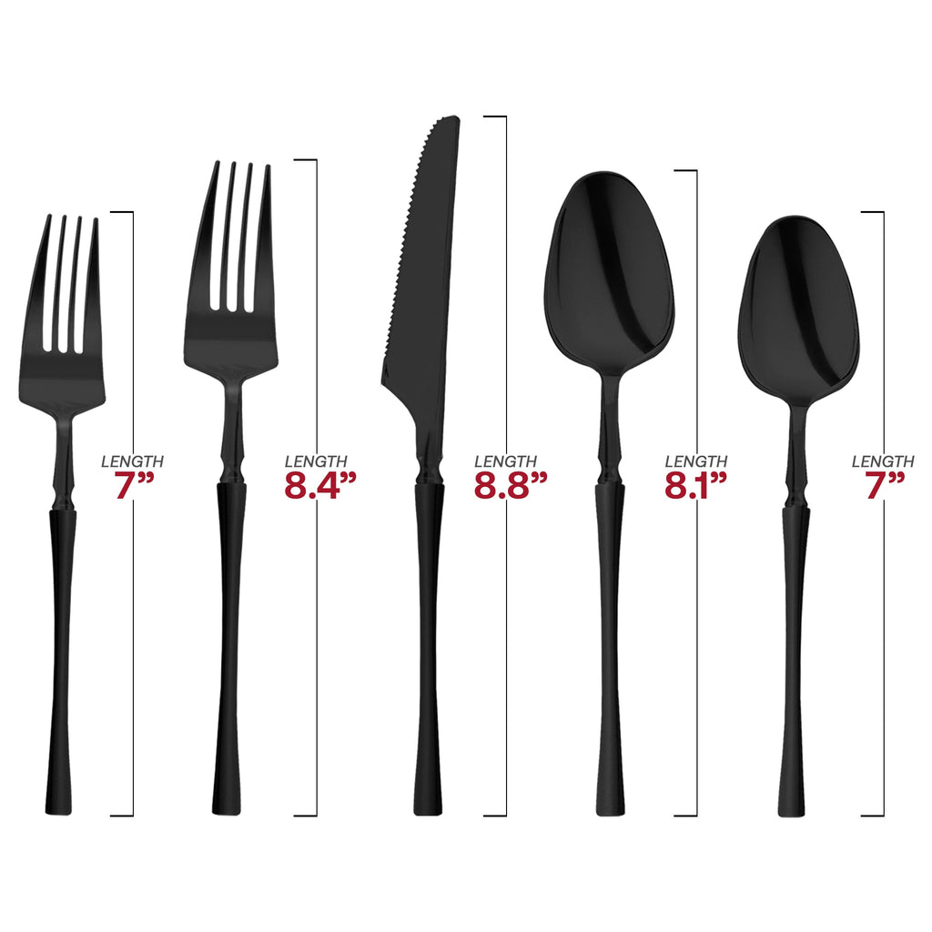 Solid Black Moderno Disposable Plastic Cutlery Set - 20 Spoons, 20 Forks, 20 Knives, 20 Dessert Spoons, and 20 Dessert Forks