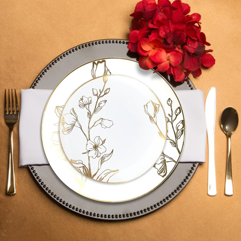 White with Gold Antique Floral Round Disposable Plastic Appetizer/Salad Plates (7.5")