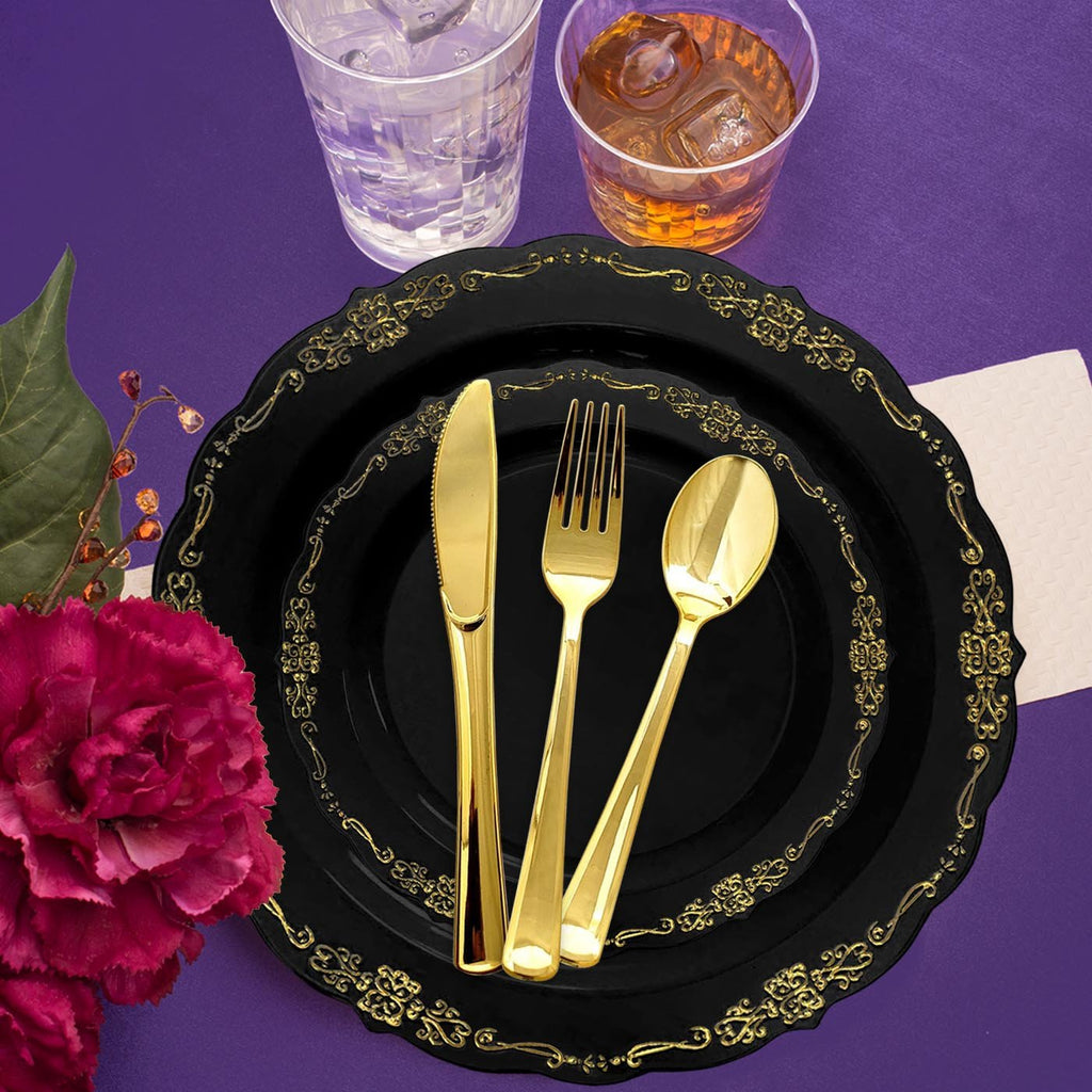 Black with Gold Vintage Rim Round Disposable Plastic Dinner Plates (10")