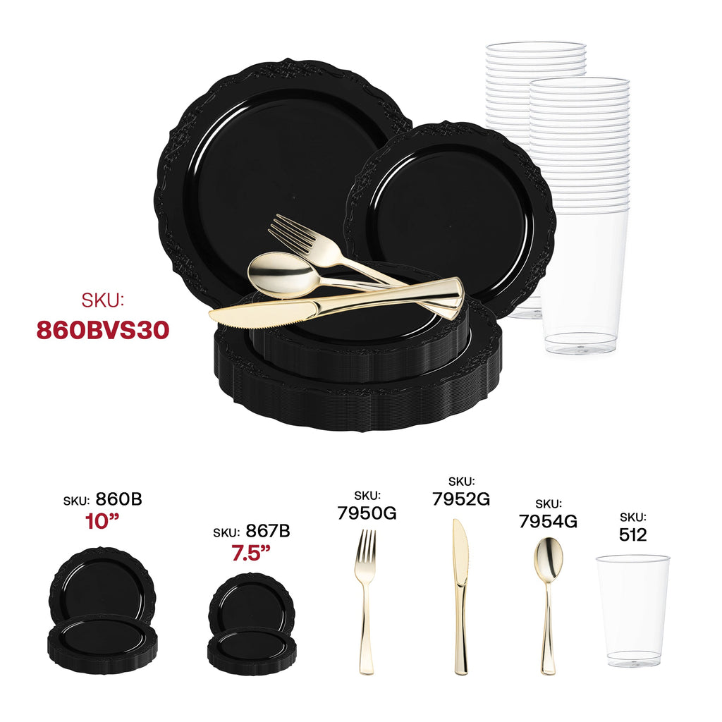 Black Vintage Rim Round Disposable Plastic Wedding Value Set