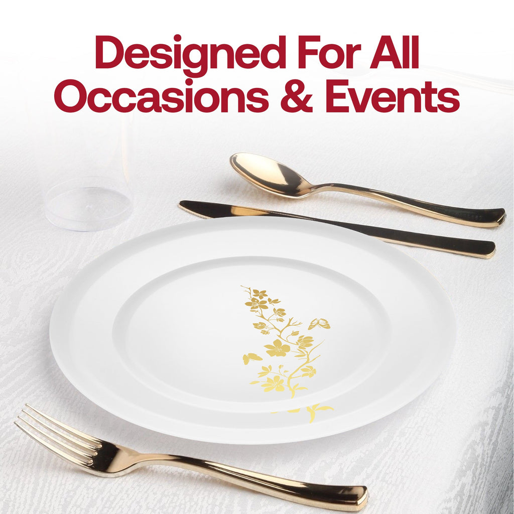 White with Gold Floral Round Plastic Dinner Plates (10")