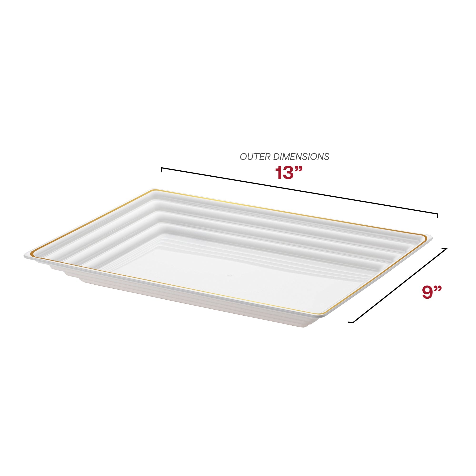 9" x 13" White with Gold Rim Rectangular Plastic Serving Trays