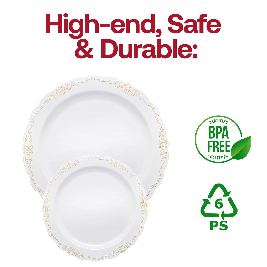 White with Gold Vintage Rim Round Disposable Plastic Dinner Plates (10")