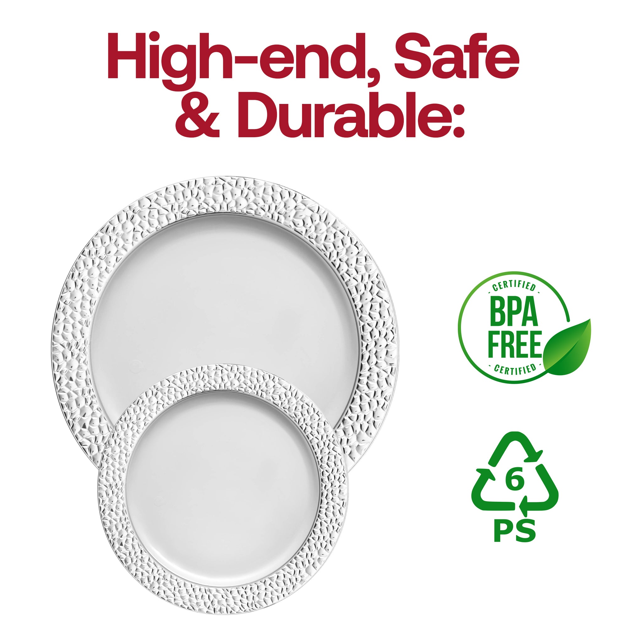White with Silver Hammered Rim Round Plastic Dinner Plates (10.25")