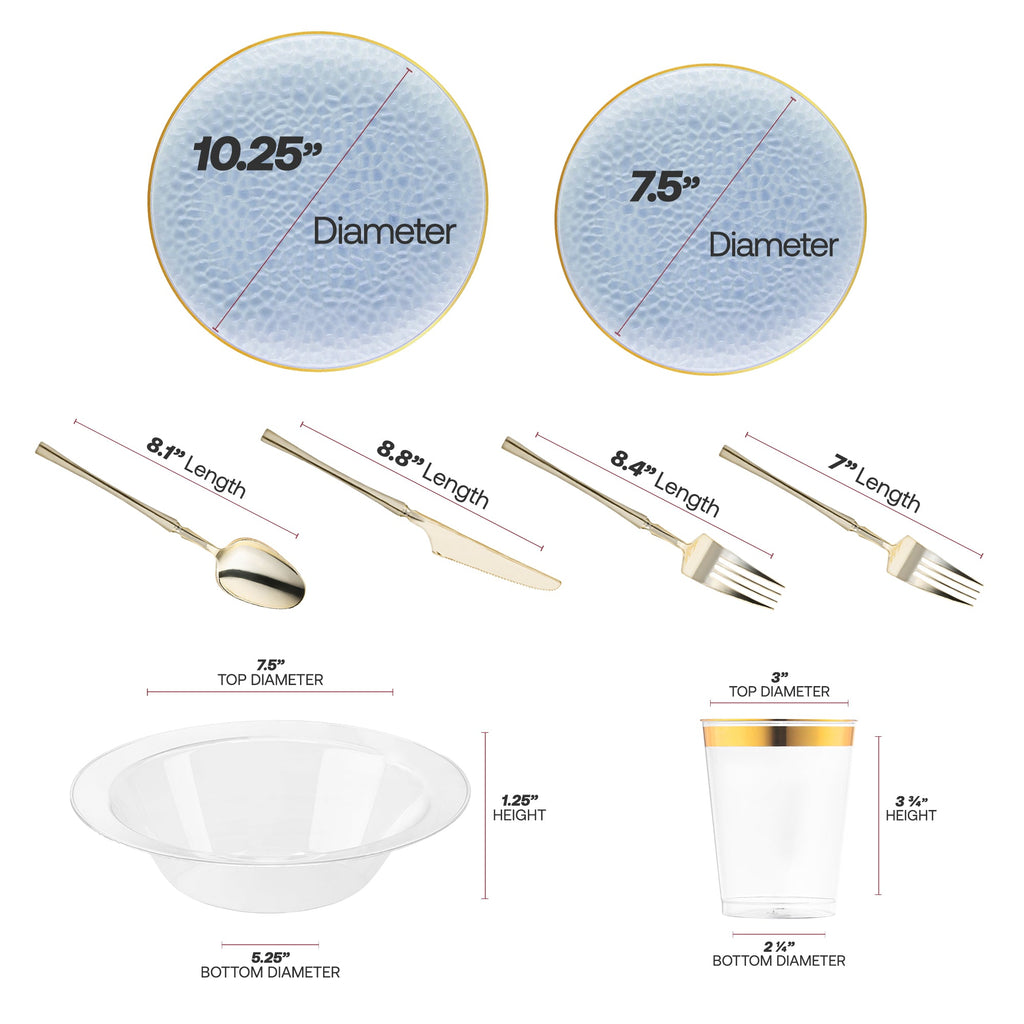 Clear Blue with Gold Rim Hammered Glass Disposable Plastic Tableware Set