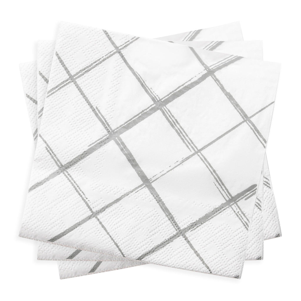 White with Silver Diamond Paper Beverage/Cocktail Napkins