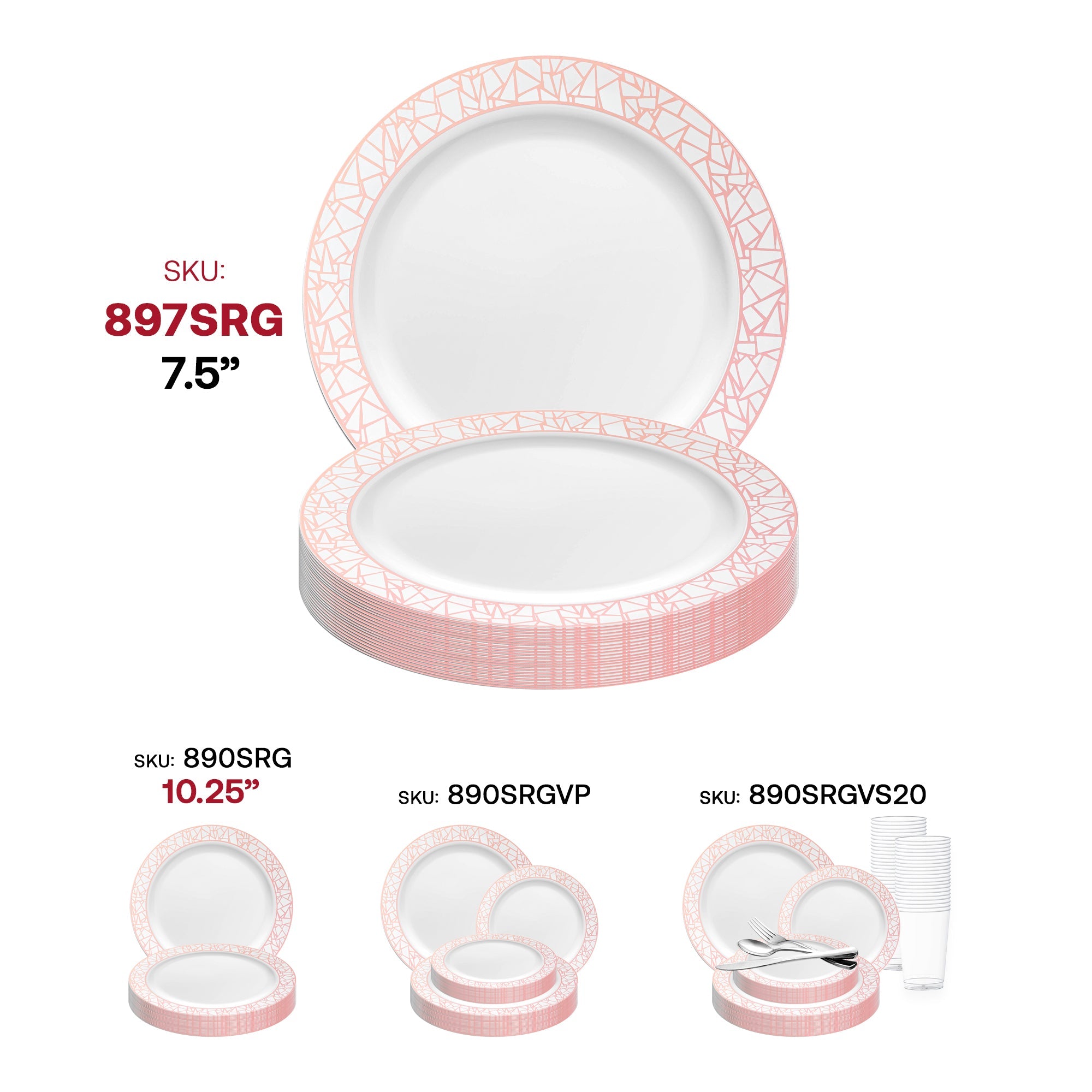 White with Silver and Rose Gold Mosaic Rim Round Plastic Appetizer/Salad Plates (7.5")