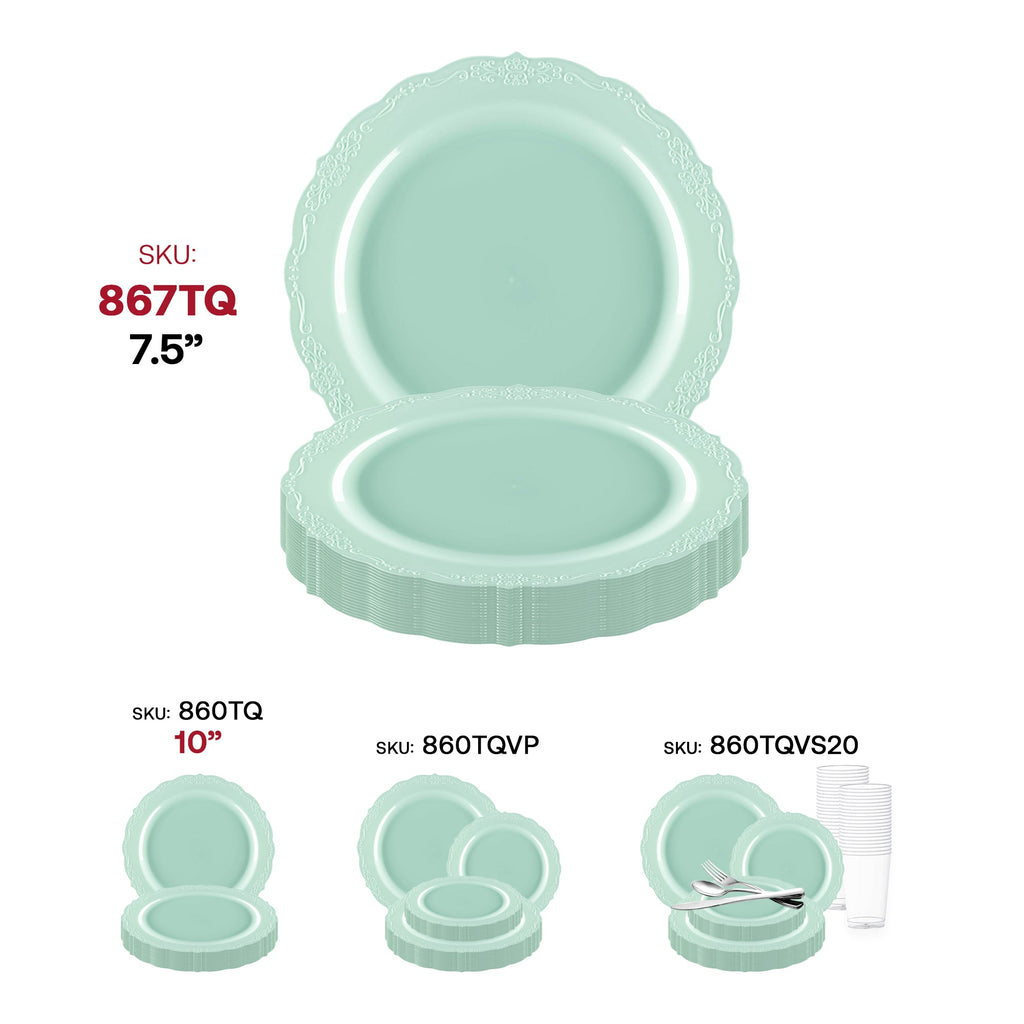 Turquoise Vintage Round Disposable Plastic Appetizer/Salad Plates (7.5")