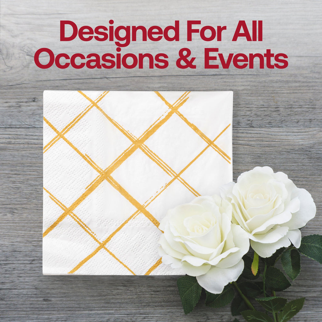 White with Gold Diamond Paper Beverage/Cocktail Napkins
