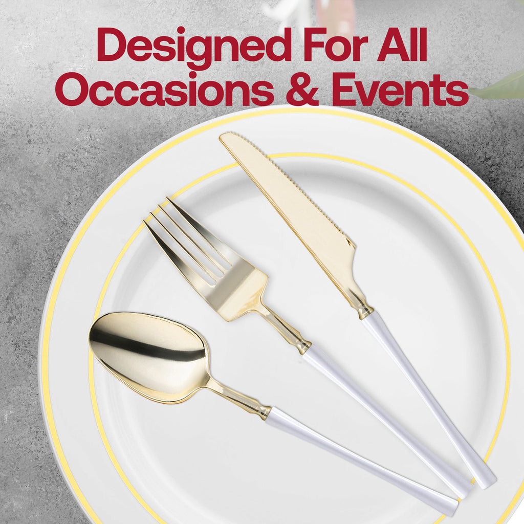 Gold with White Handle Moderno Disposable Plastic Cutlery Set - 20 Spoons, 20 Forks and 20 Knives