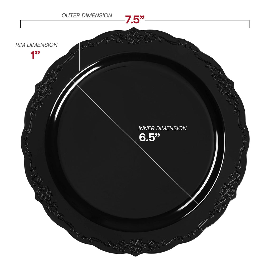 Black Vintage Rim Round Disposable Plastic Appetizer/Salad Plates (7.5")