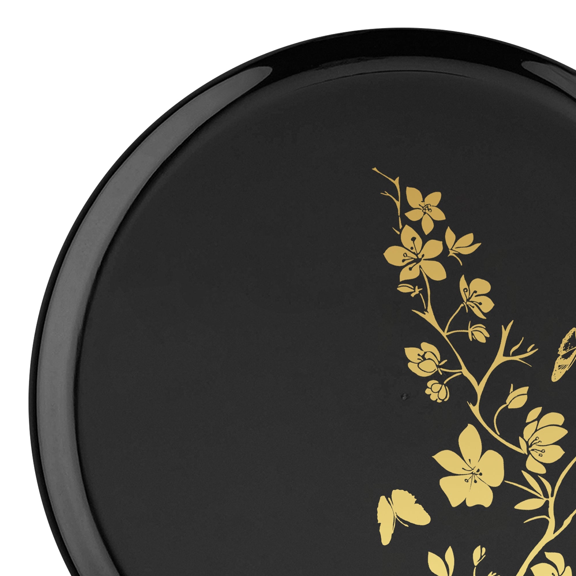 Black with Gold Floral Round Plastic Appetizer/Salad Plates (8.5")