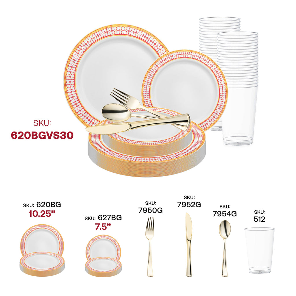 White with Red and Gold Chord Rim Plastic Wedding Value Set