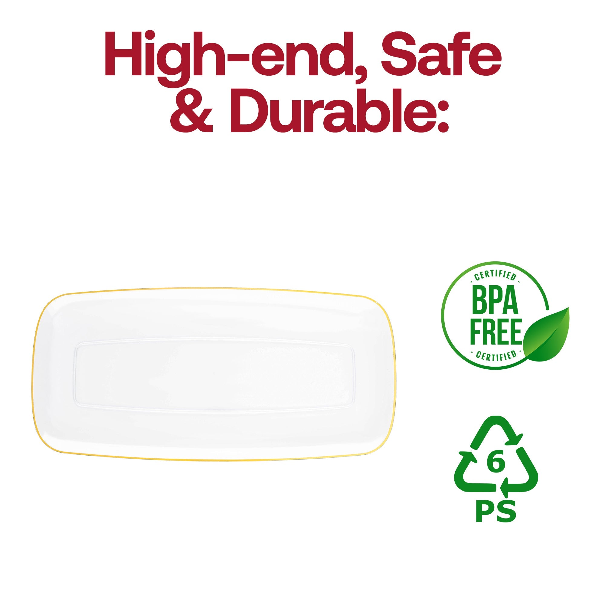 Clear with Gold Rim Flat Raised Edge Rectangular Disposable Plastic Plates (10.6" x 5")