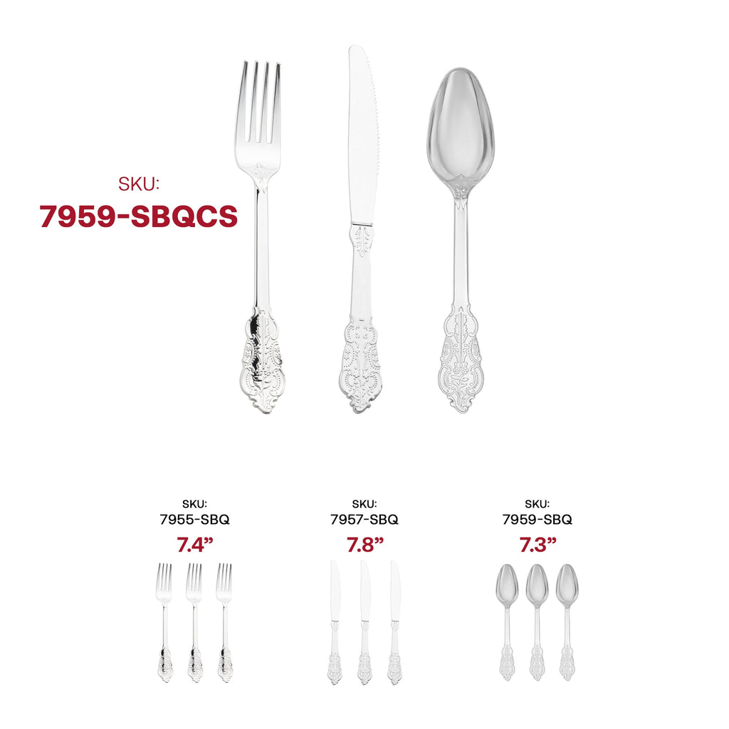 Shiny Metallic Silver Baroque Plastic Cutlery Set