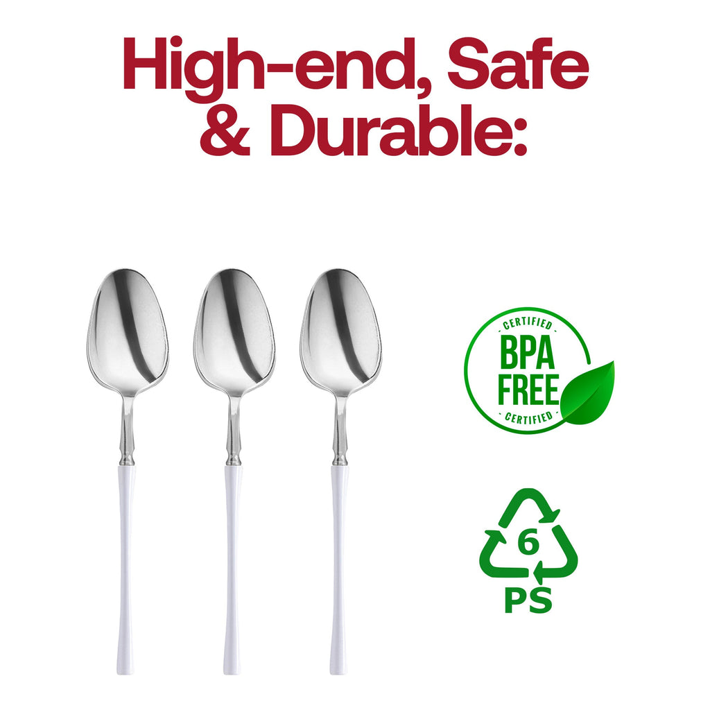 Silver with White Handle Moderno Disposable Plastic Dinner Spoons