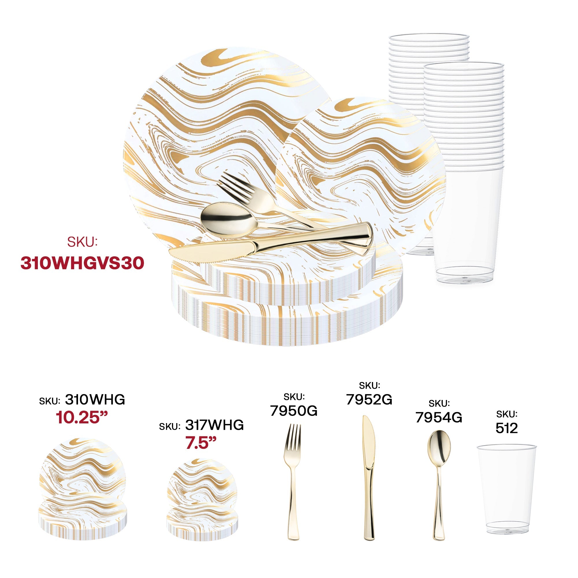 White with Gold Waves Plastic Wedding Value Set