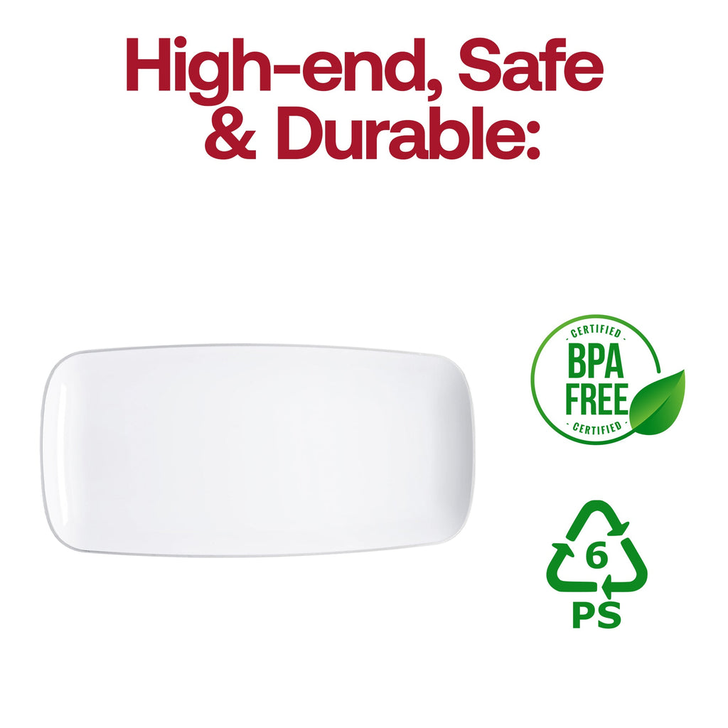 White with Silver Rim Flat Raised Edge Rectangular Disposable Plastic Plates (10.6" x 5")