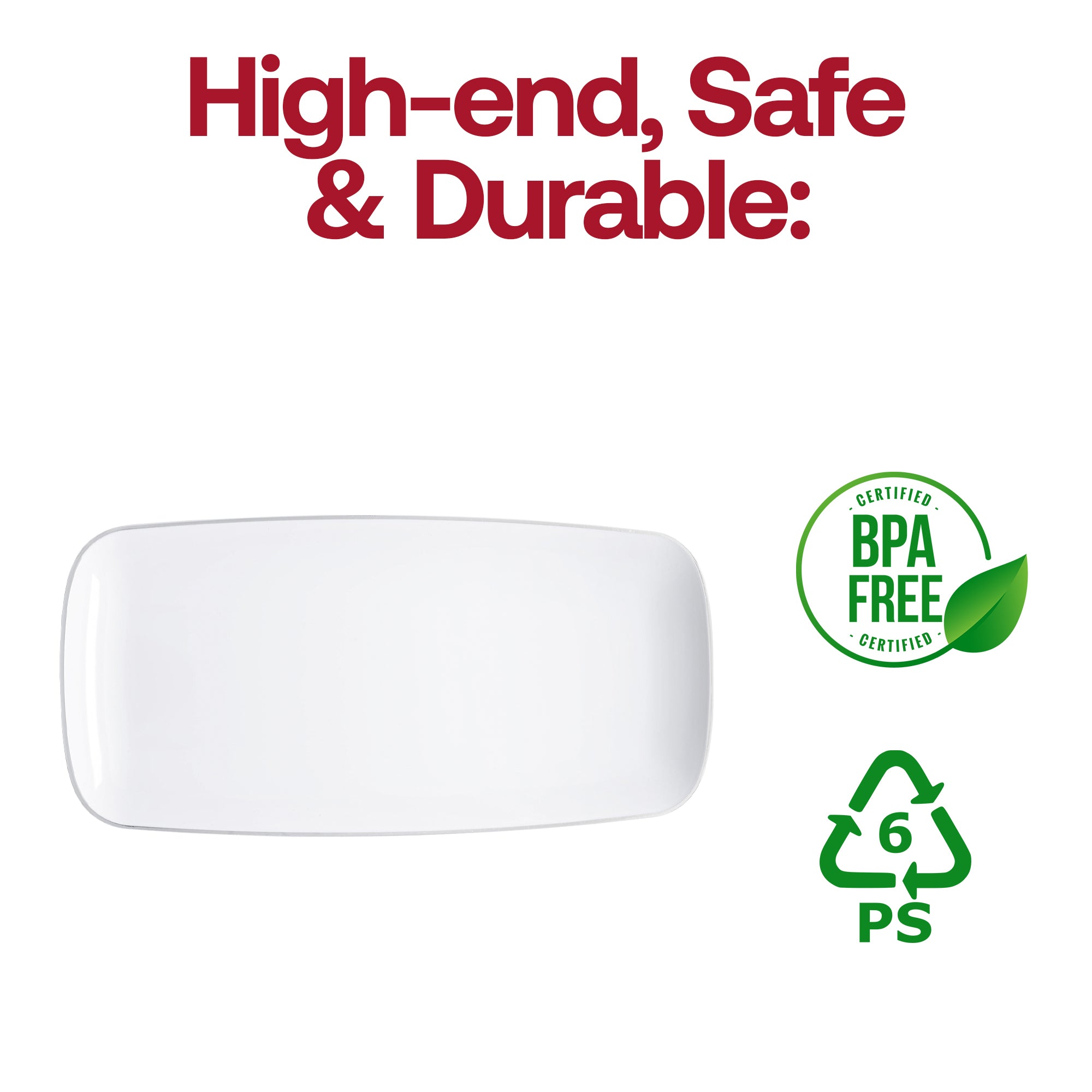 White with Silver Rim Flat Raised Edge Rectangular Disposable Plastic Plates (10.6" x 5")