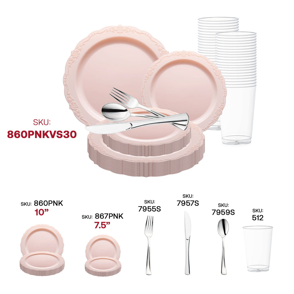 Pink Vintage Round Disposable Plastic Wedding Value Set