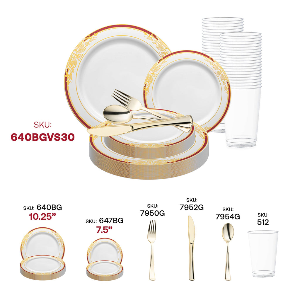 White with Burgundy and Gold Harmony Rim Plastic Wedding Value Set