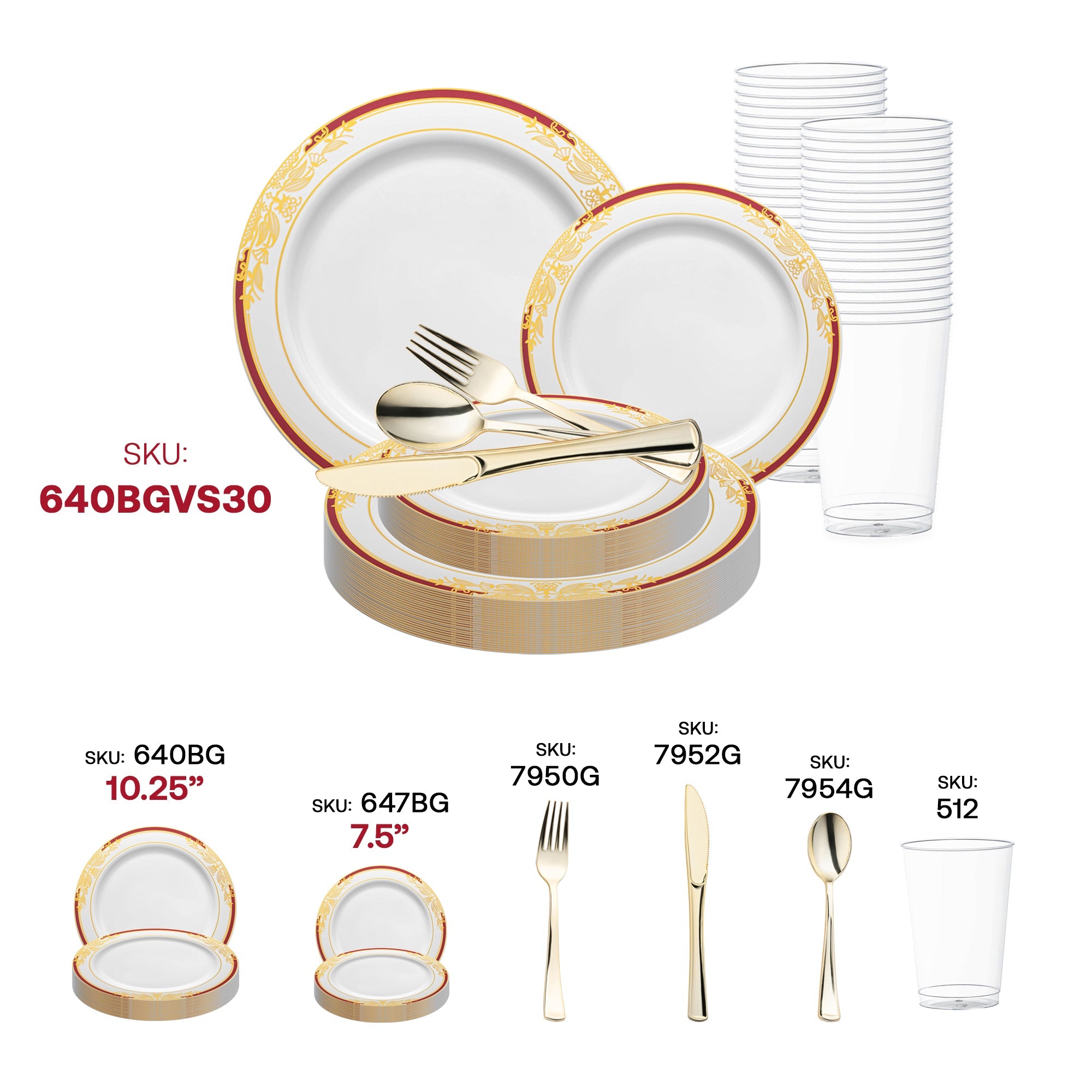 White with Burgundy and Gold Harmony Rim Plastic Wedding Value Set