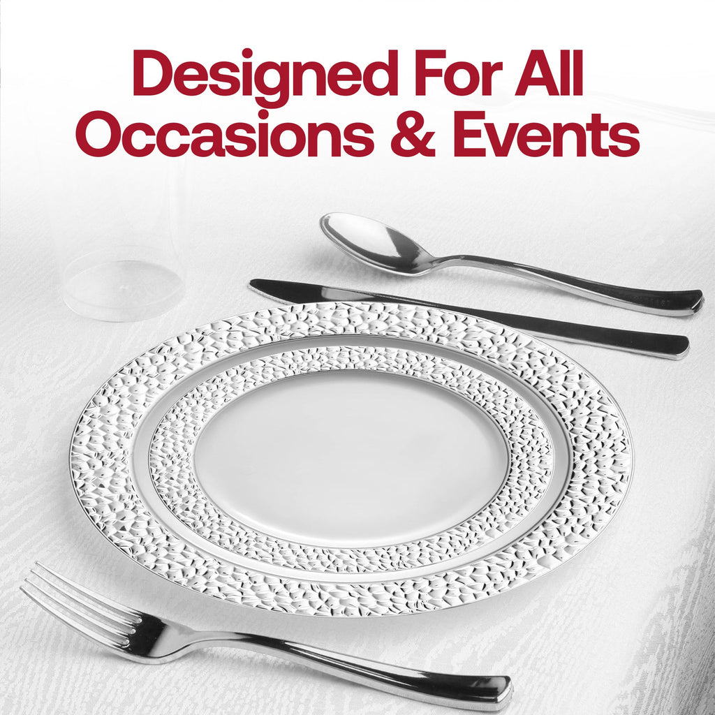 White with Silver Hammered Rim Round Plastic Wedding Value Set