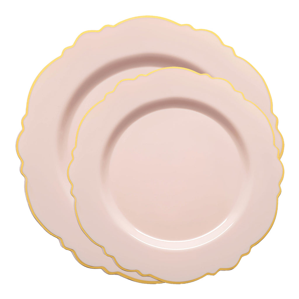 Pink with Gold Rim Round Blossom Disposable Plastic Dinnerware Value Set