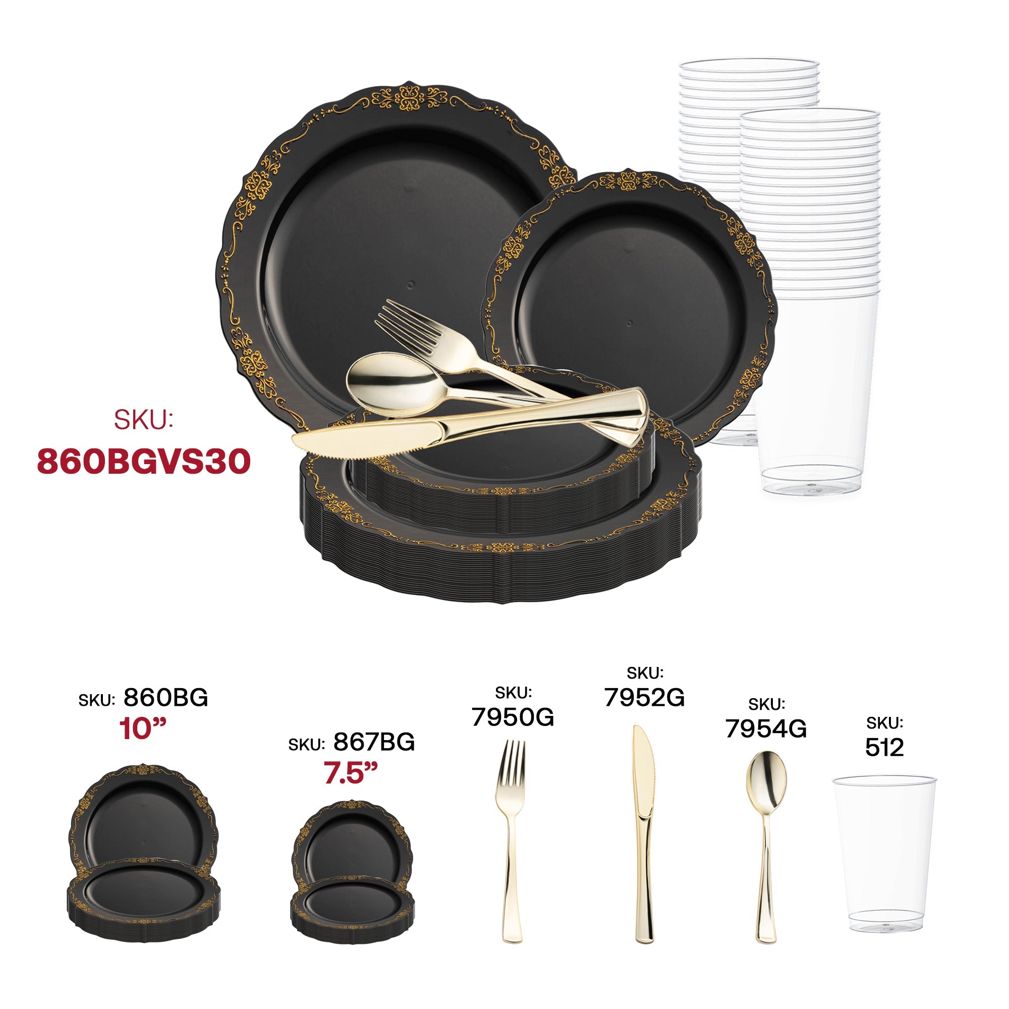 Black with Gold Vintage Rim Round Disposable Plastic Wedding Value Set