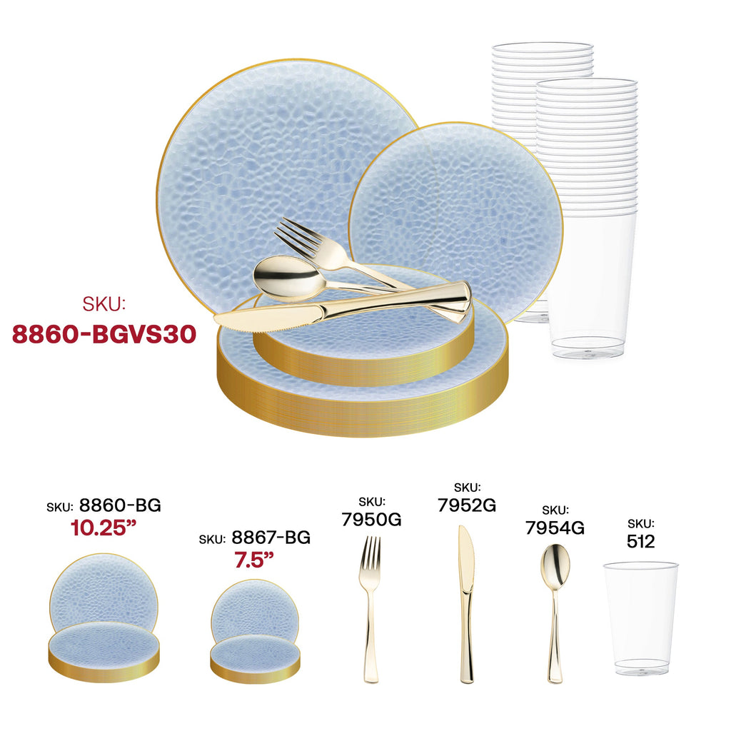 Clear Blue with Gold Rim Hammered Glass Disposable Plastic Wedding Value Set