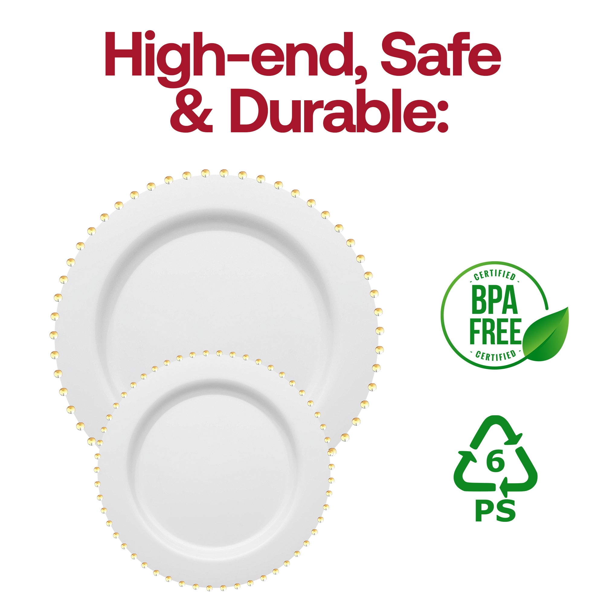 White with Gold Pearl String Round Disposable Plastic Dinnerware Value Set