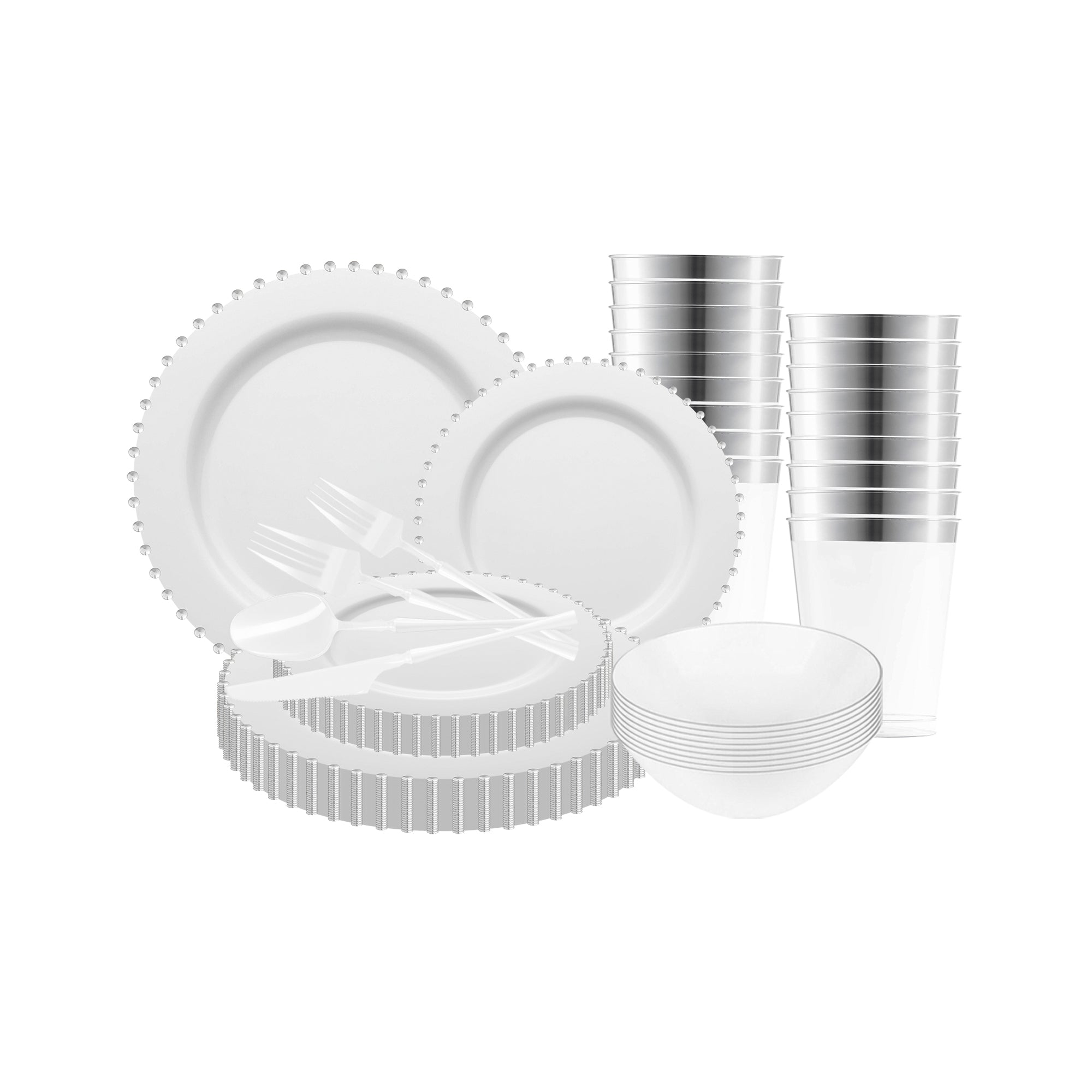 White with Silver Pearl String Round Disposable Plastic Tableware Set