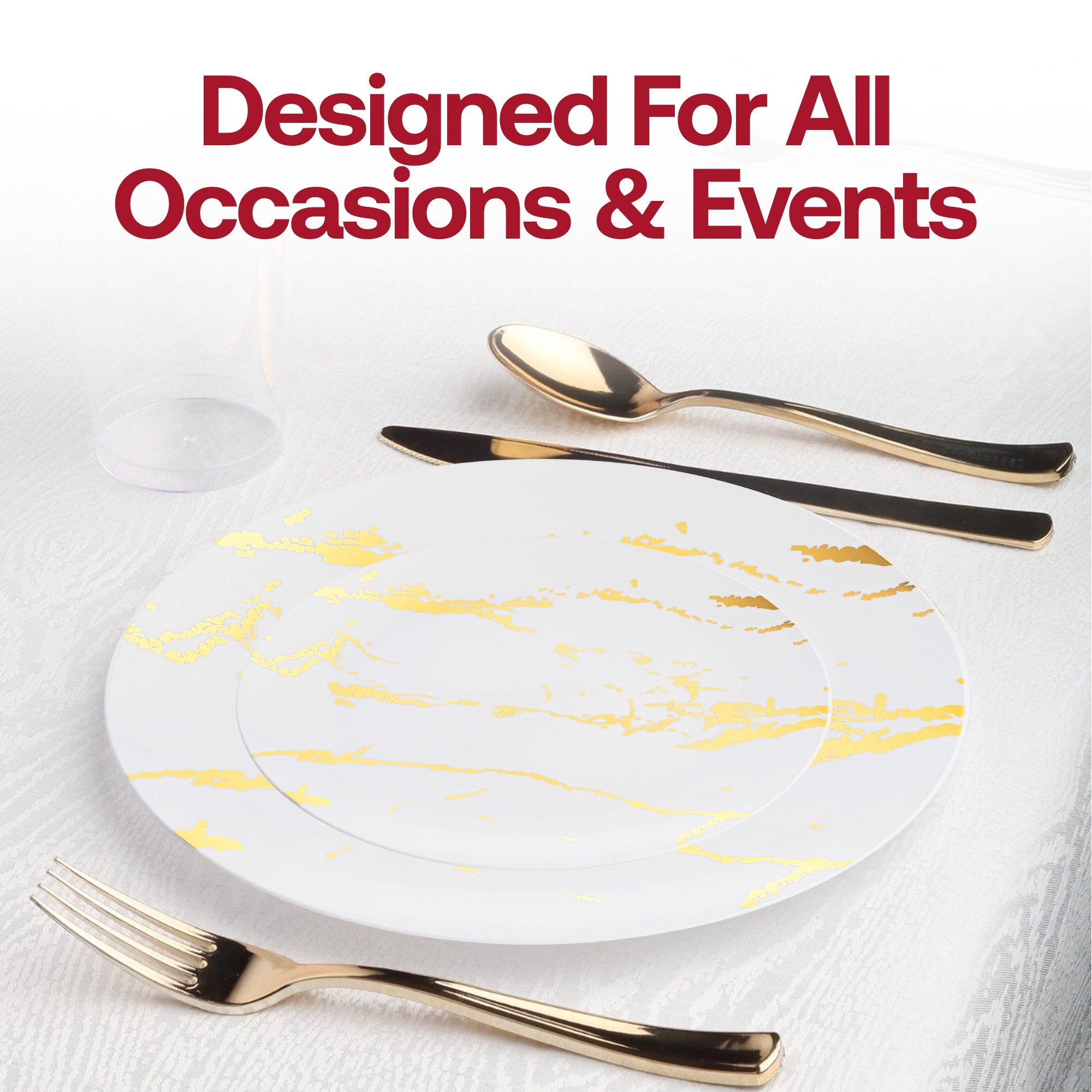 White with Gold Marble Stroke Round Disposable Plastic Appetizer/Salad Plates (7.5")