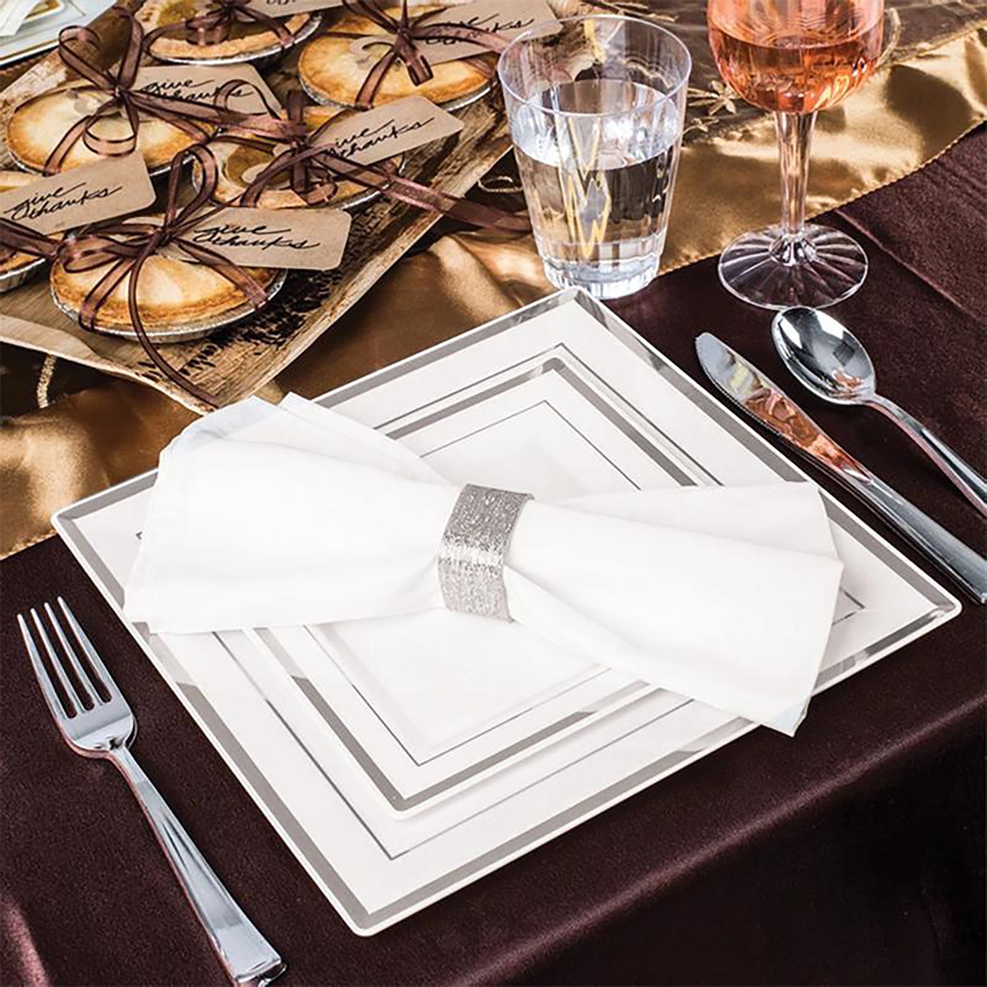 White with Silver Square Edge Rim Plastic Dinner Plates (9.5")