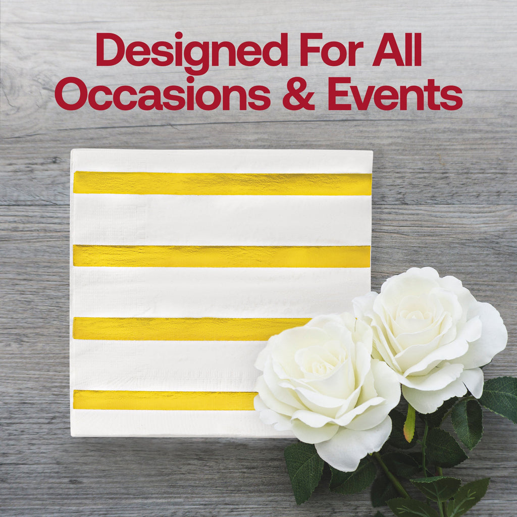 White with Gold Stripes Paper Beverage/Cocktail Napkins