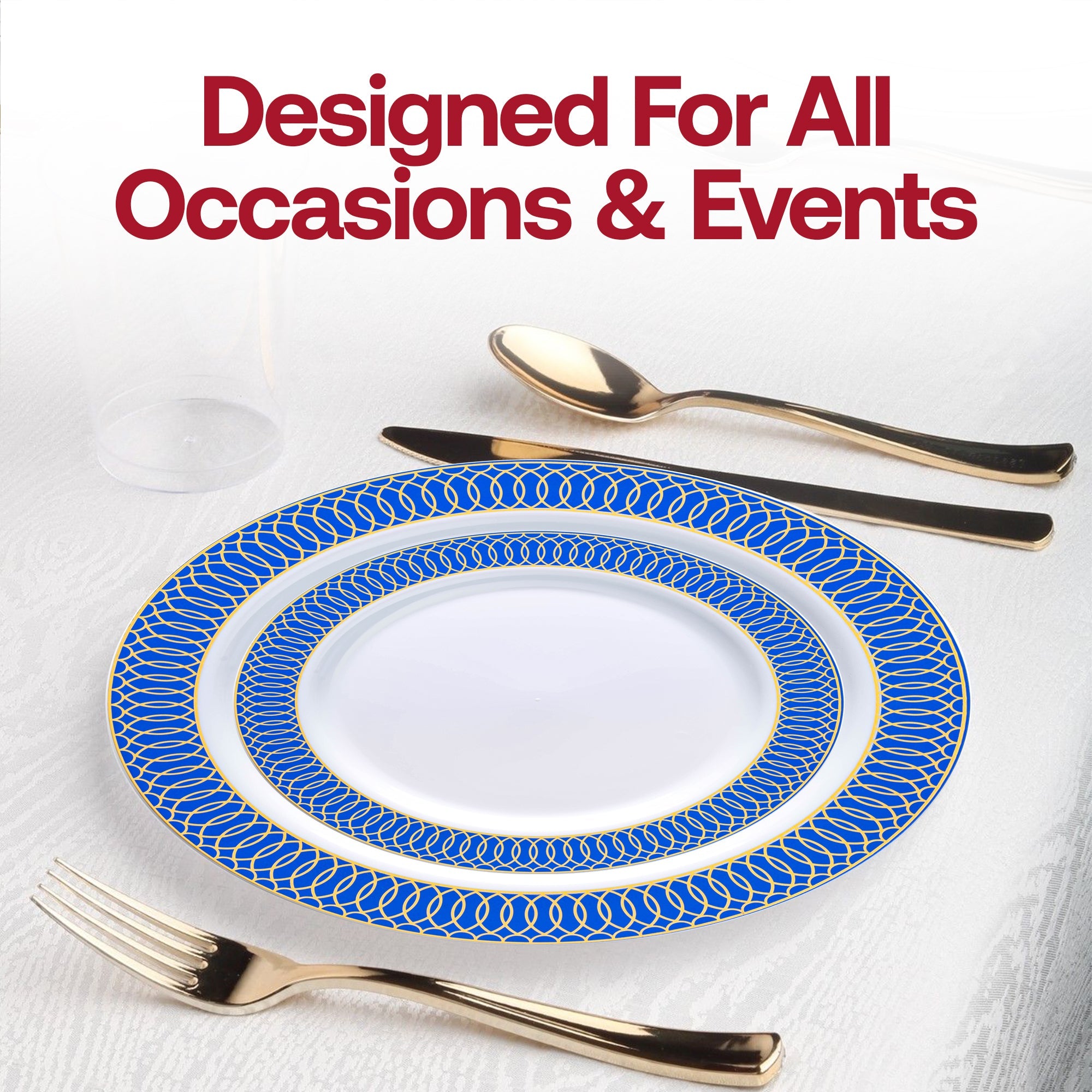 White with Gold Spiral on Blue Rim Plastic Appetizer/Salad Plates (7.5")