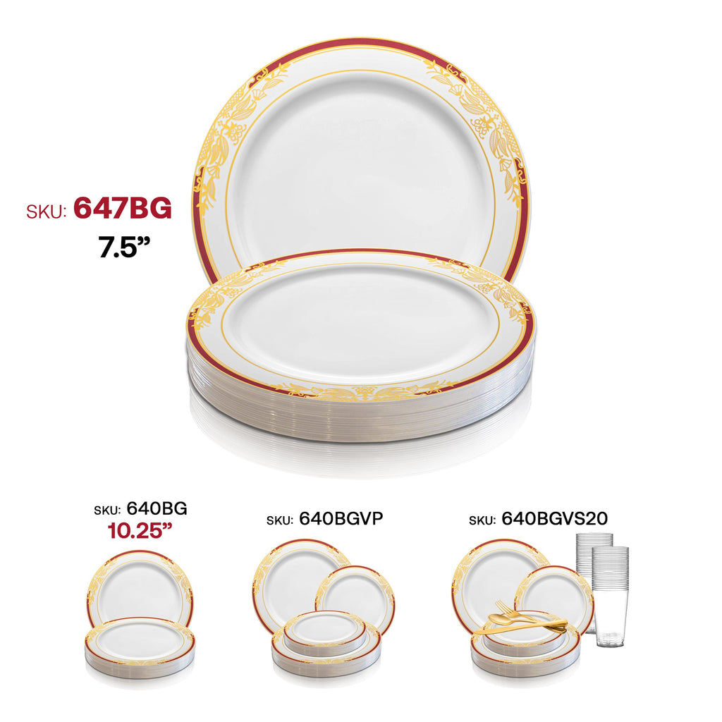 White with Burgundy and Gold Harmony Rim Plastic Appetizer/Salad Plates (7.5")