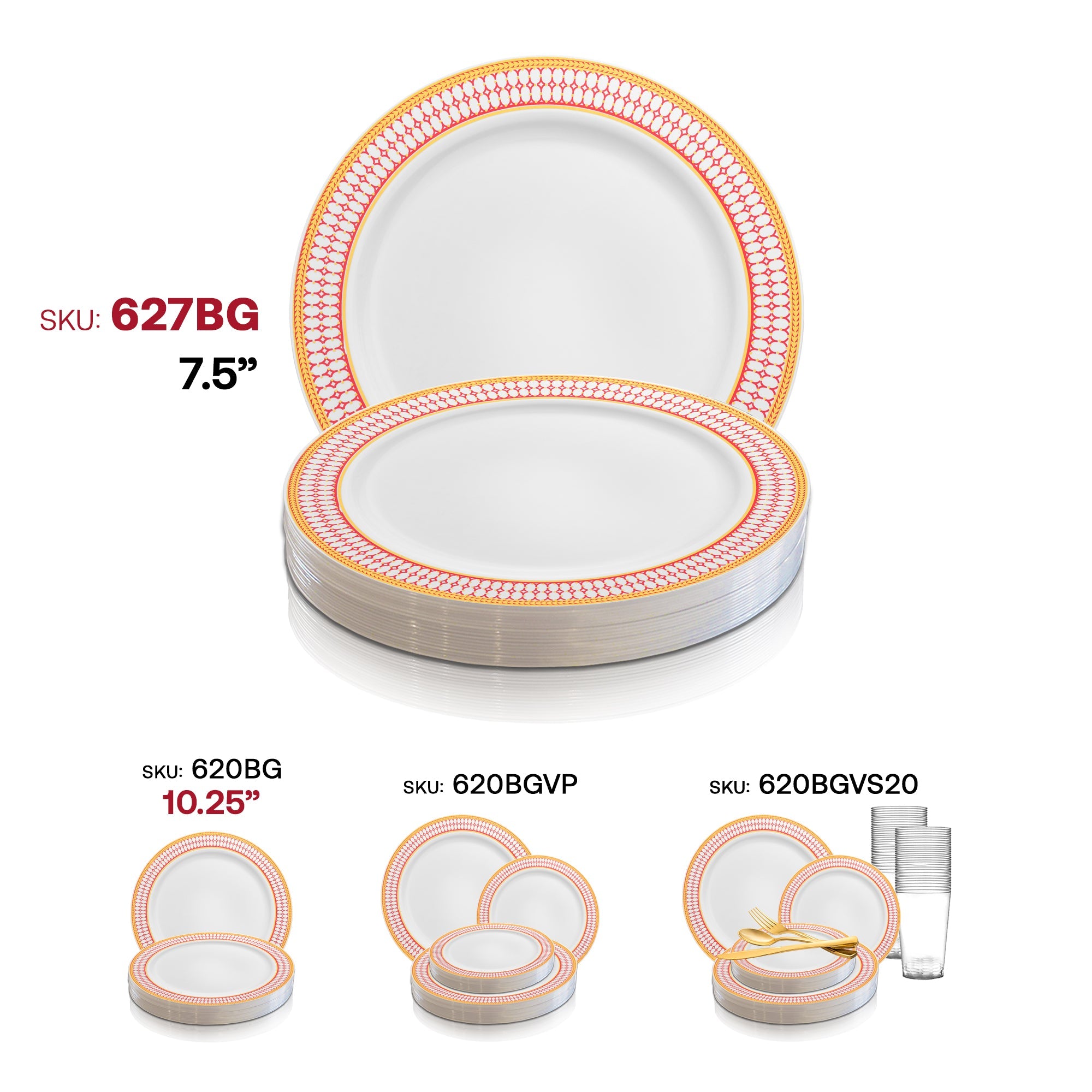 White with Red and Gold Chord Rim Plastic Appetizer/Salad Plates (7.5")