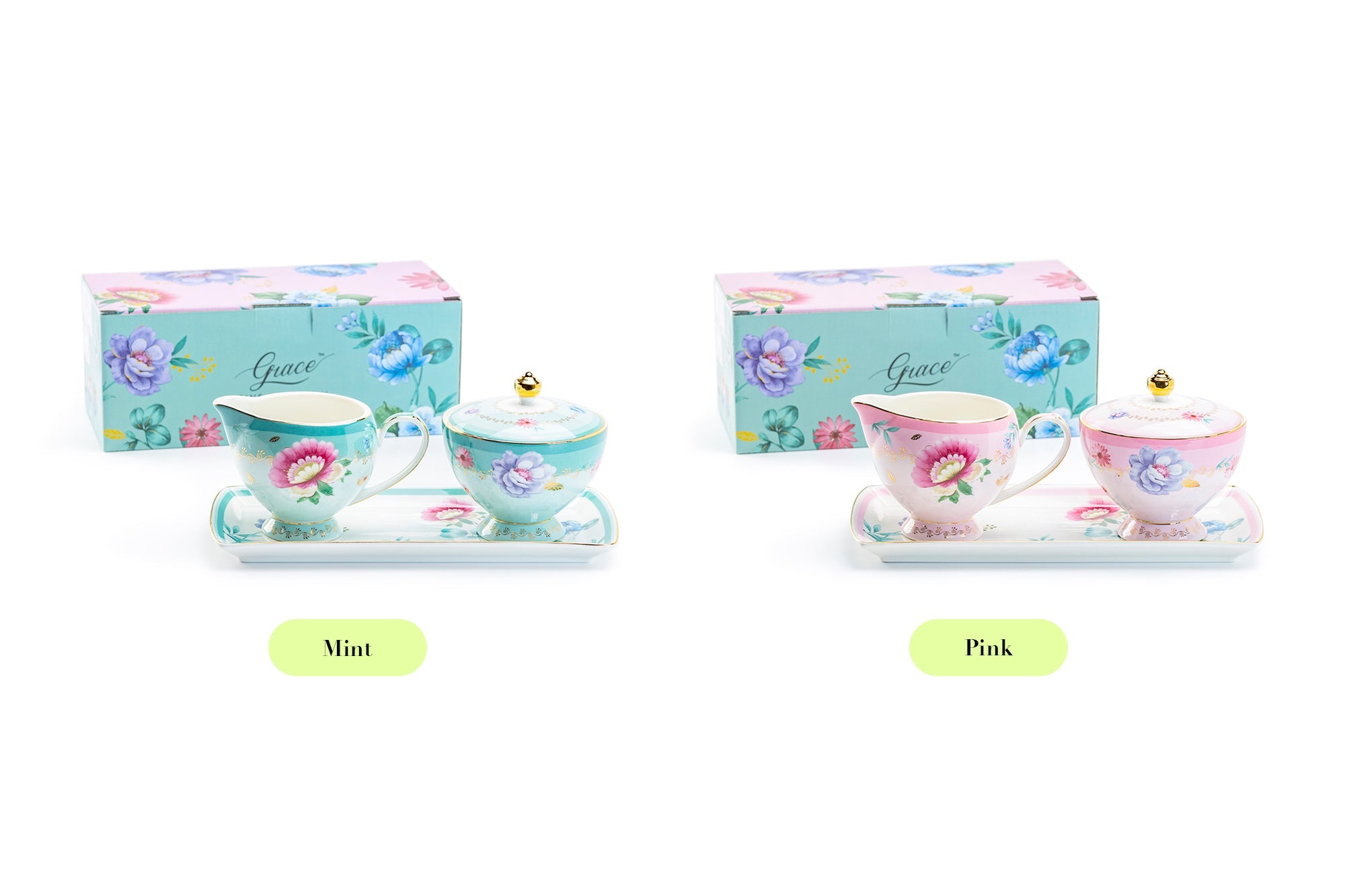 Gift Boxed Mint Flower Garden Fine Porcelain Sugar Creamer & Serving Tray Set