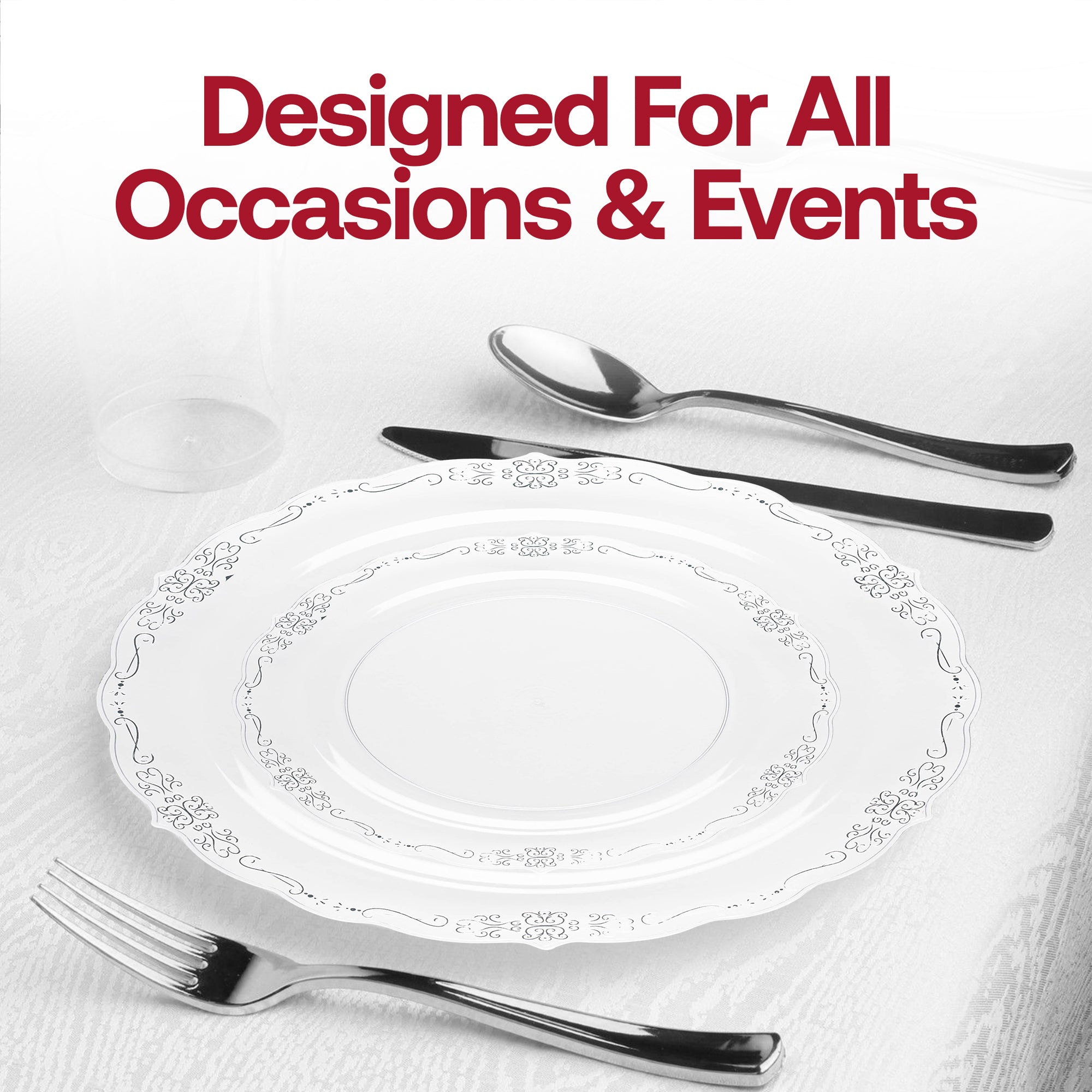 Clear with Silver Vintage Rim Round Disposable Plastic Dinnerware Value Set