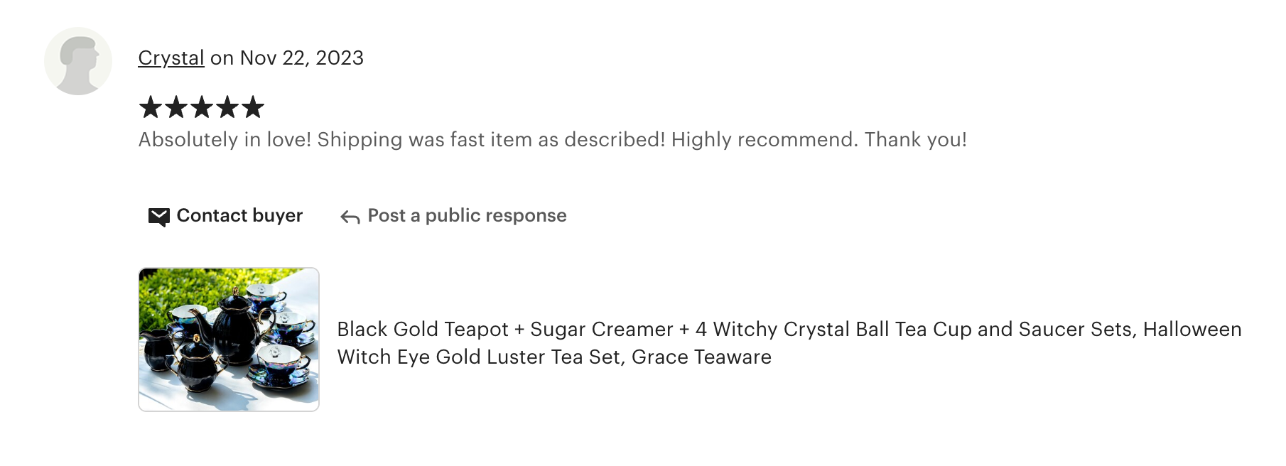 Black Gold Teapot + Sugar Creamer + 4 Witchy Crystal Ball Black Gold Luster Tea Cup and Saucer Sets