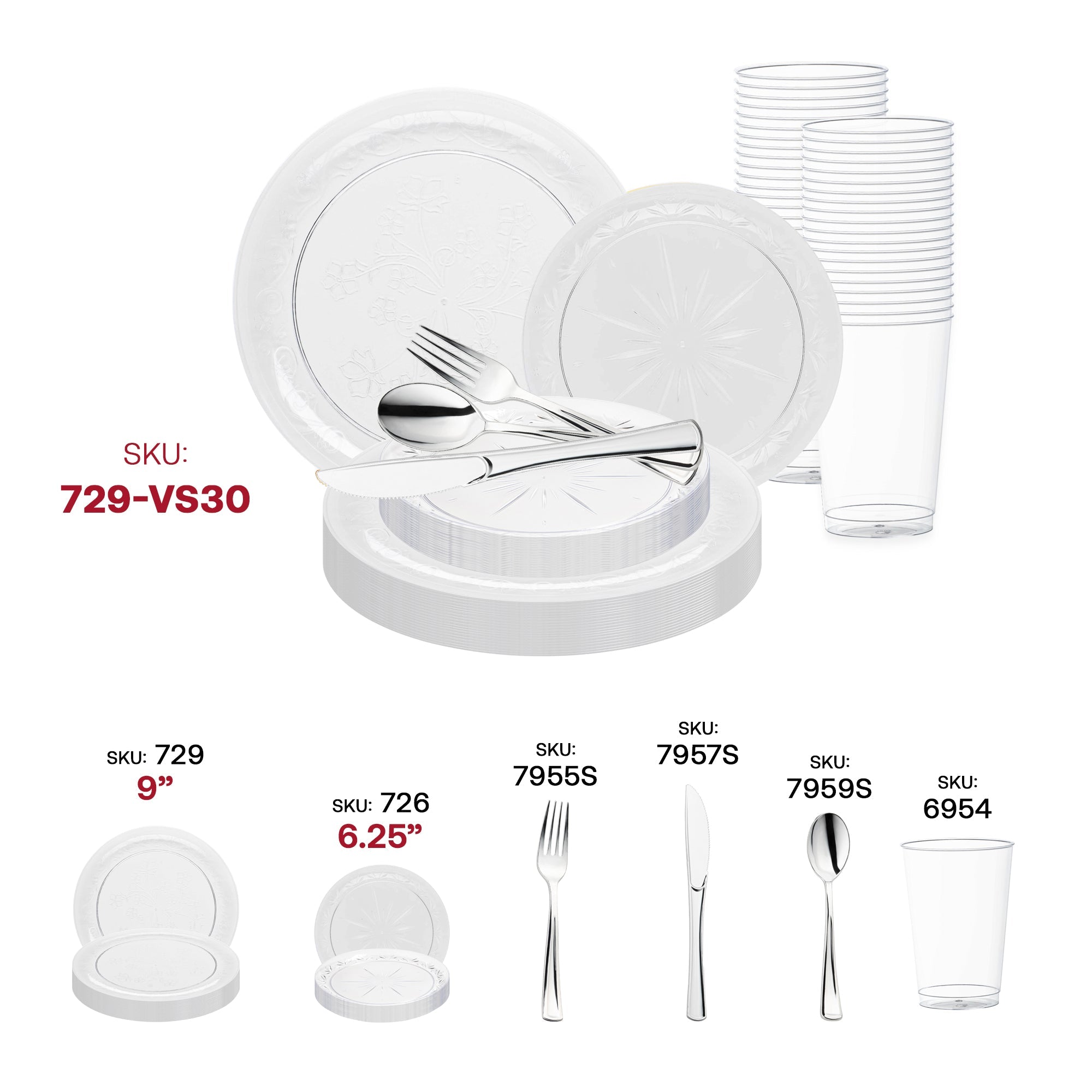 Clear Floral Round Disposable Plastic Wedding Value Set