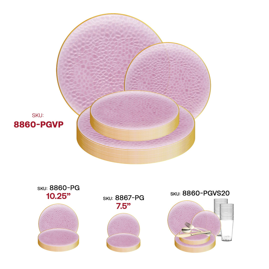 Clear Pink with Gold Rim Hammered Glass Disposable Plastic Dinnerware Value Set