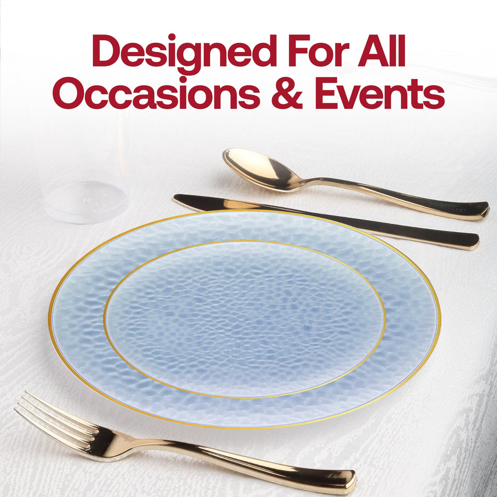 Clear Blue with Gold Rim Hammered Glass Disposable Plastic Wedding Value Set