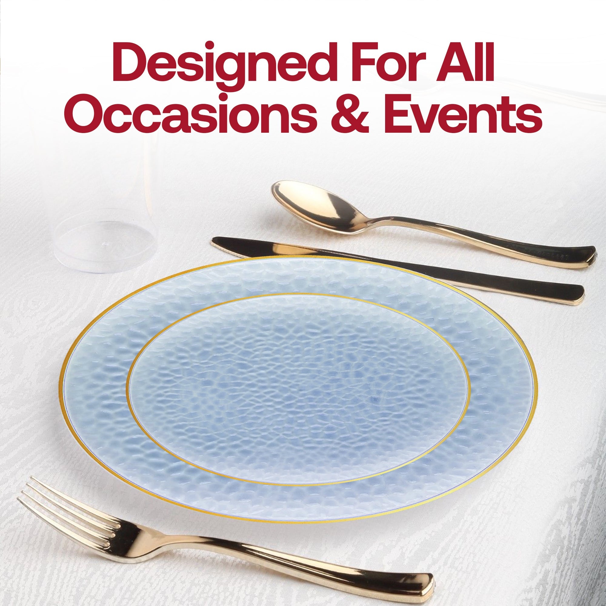 Clear Blue with Gold Rim Hammered Glass Disposable Plastic Wedding Value Set