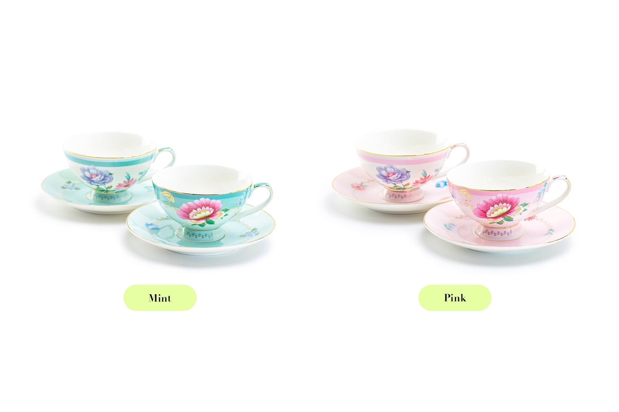 Mint Flower Garden Fine Porcelain Cup and Saucer Sets