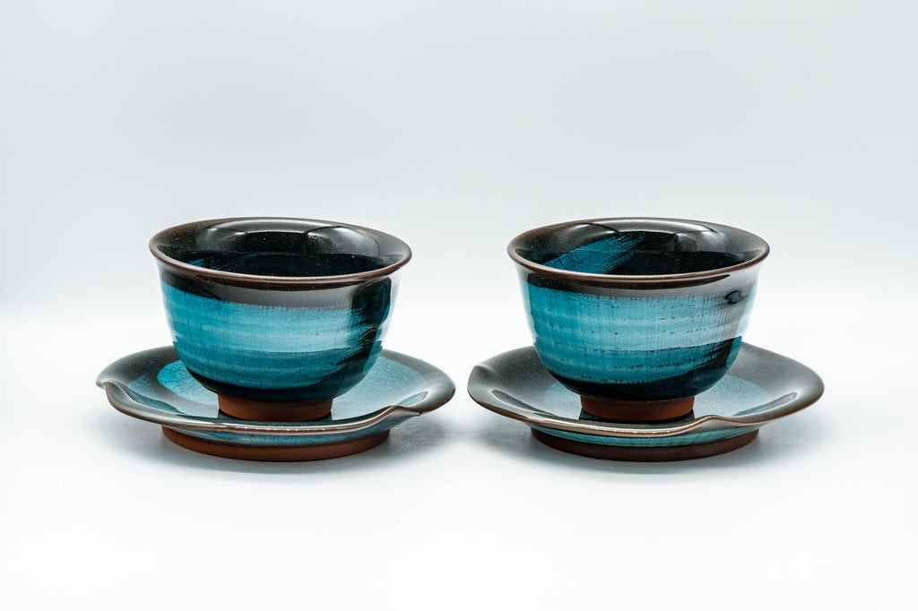 Japanese Teacups - Pair of Cyan Hakeme Yunomi with Coasters - 155ml