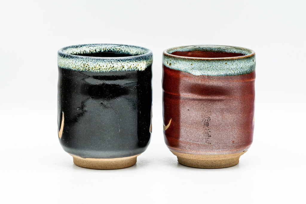 Japanese Teacups - Pair of Mom and Dad Kanji Hare's Fur Glazed Tsutsu-gata Yunomi - 200ml